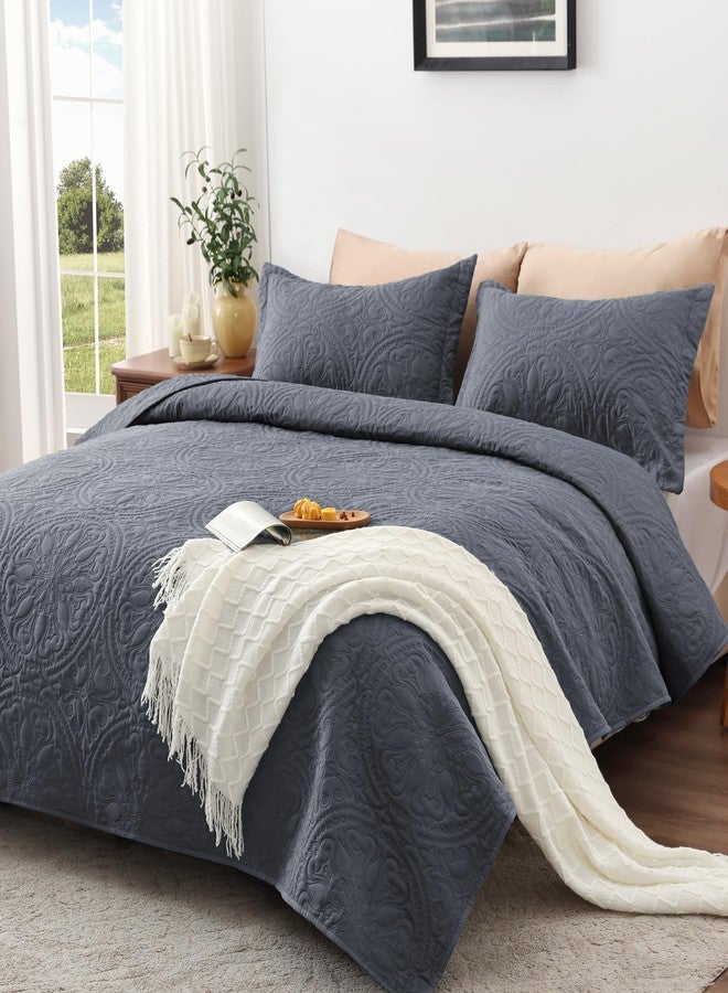 EXQ Home طقم لحاف EXQ Home كامل مقاس كوين رمادي مزرق 3 قطع، غطاء سرير خفيف الوزن وناعم بنمط زهور ماندالا لجميع الفصول (لحاف واحد، غطاءان للوسائد) - Image 3