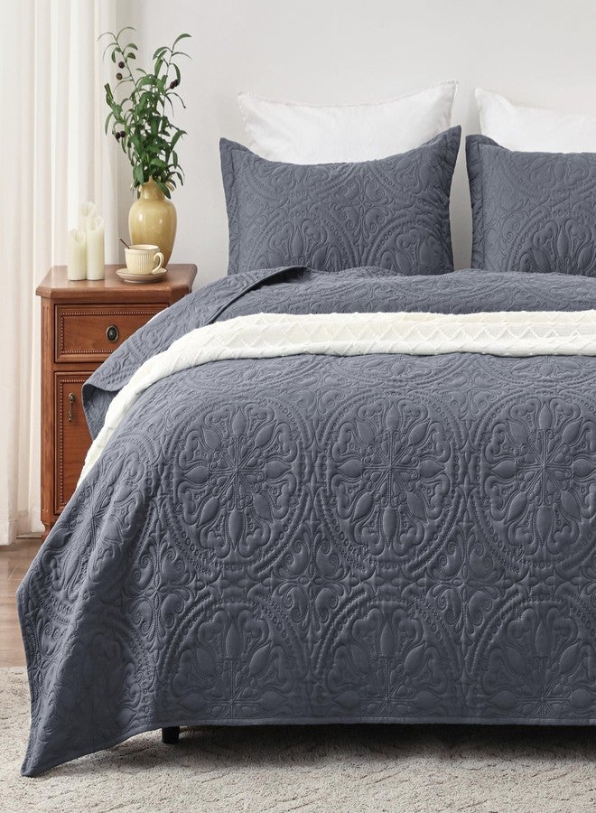 EXQ Home طقم لحاف EXQ Home كامل مقاس كوين رمادي مزرق 3 قطع، غطاء سرير خفيف الوزن وناعم بنمط زهور ماندالا لجميع الفصول (لحاف واحد، غطاءان للوسائد) - Image 1