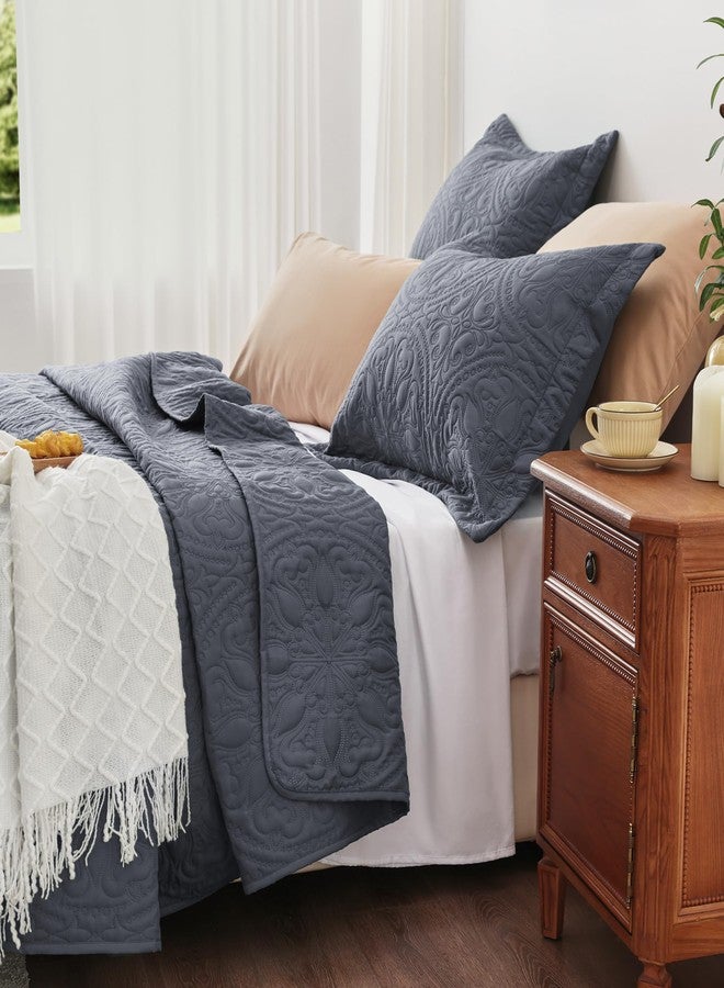 EXQ Home طقم لحاف EXQ Home كامل مقاس كوين رمادي مزرق 3 قطع، غطاء سرير خفيف الوزن وناعم بنمط زهور ماندالا لجميع الفصول (لحاف واحد، غطاءان للوسائد) - Image 4