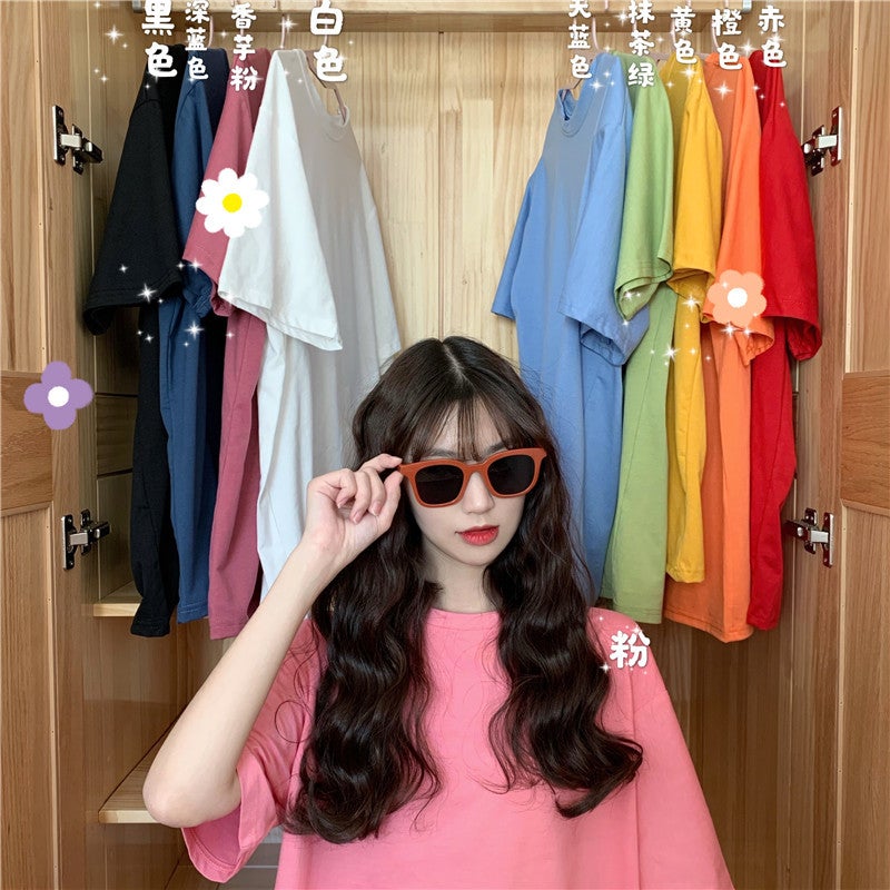 2025# real shot simple basic solid color Korean version of loose fashion crew neck short sleeve T-shirt women's long 65/35 - Image 2