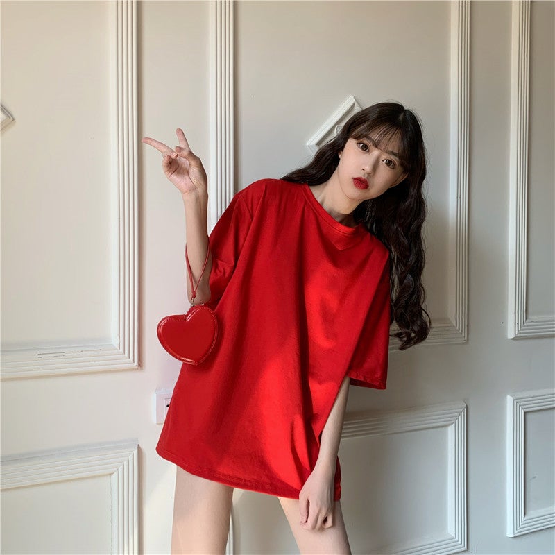 2025# real shot simple basic solid color Korean version of loose fashion crew neck short sleeve T-shirt women's long 65/35 - Image 1
