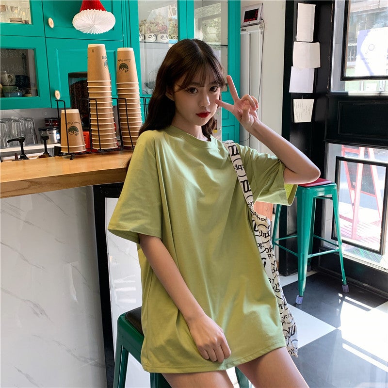2025# real shot simple basic solid color Korean version of loose fashion crew neck short sleeve T-shirt women's long 65/35 - Image 4