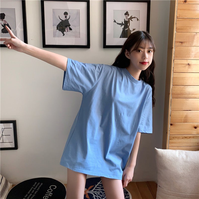 2025# real shot simple basic solid color Korean version of loose fashion crew neck short sleeve T-shirt women's long 65/35 - Image 5