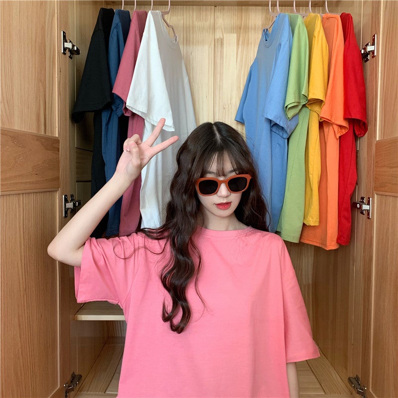 2025# real shot simple basic solid color Korean version of loose fashion crew neck short sleeve T-shirt women's long 65/35 - Image 3