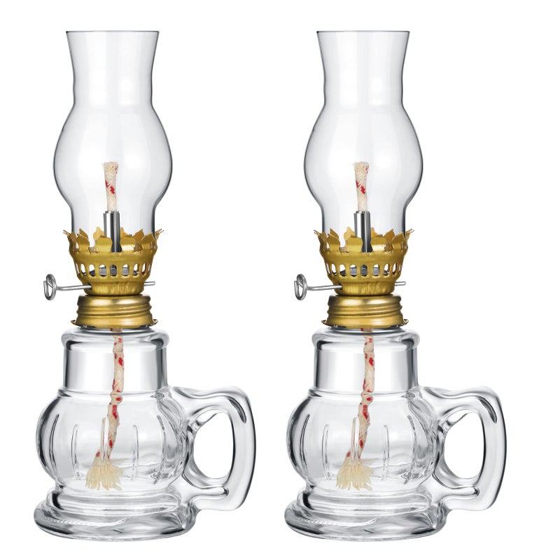 Hortsun 2 Pieces Christmas Chamber Oil Lamp, Vintage Glass Clear Kerosene Lamp Indoor Decorative Hurricane Lantern Small Oil Lantern for Thanksgiving Tabletop Decor and Emergency Lighting - Image 1