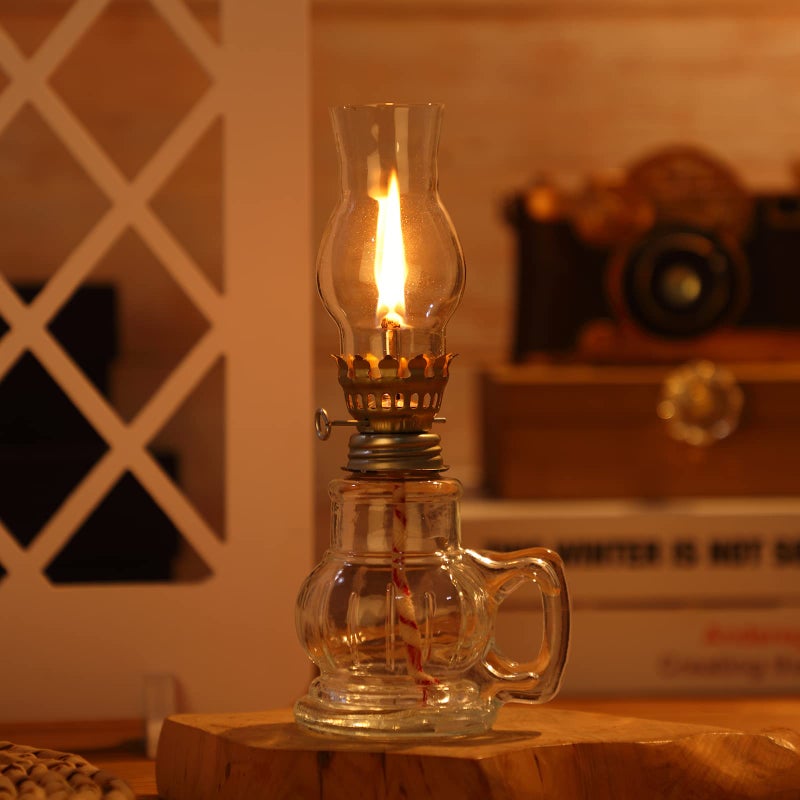 Hortsun 2 Pieces Christmas Chamber Oil Lamp, Vintage Glass Clear Kerosene Lamp Indoor Decorative Hurricane Lantern Small Oil Lantern for Thanksgiving Tabletop Decor and Emergency Lighting - Image 5