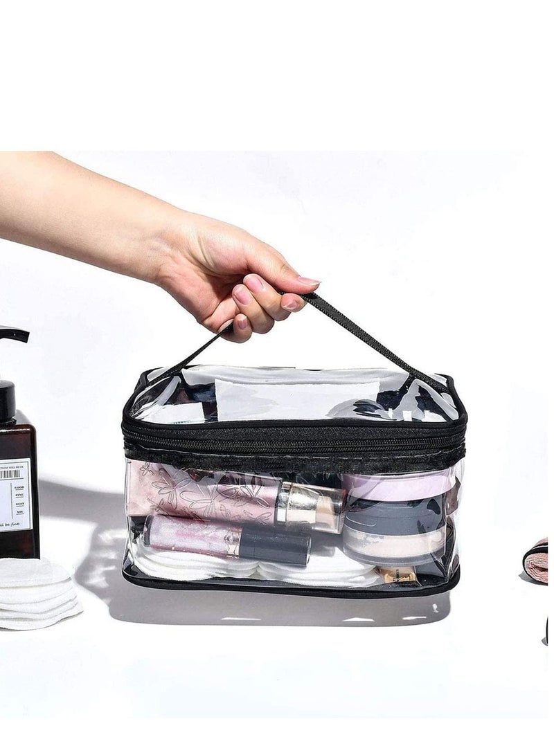 KASTWAVE Clear Makeup Bag Organiser Set, Waterproof Portable Clear Makeup Bag Zipper Cosmetics Bag Transparent PVC Zippered Toiletry Bag Organizers With Handle for Vacation Travel 2PCS M+L Clear-Black - Image 2