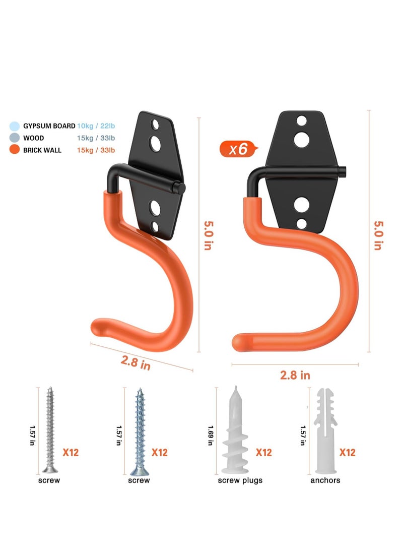 Bukela 6 Pack Garage Hooks(S Hook), Garden Tool Organizer Wall Mount Garage Organizers and Storage with Heavy Duty Hooks Tool Hangers for Garage Wall, Shed, Garden (Orange S Hook, S Hook)  - Image 2