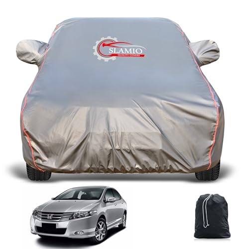 Slamio Heavy-Duty Car Body Cover for Honda's City (2008-2013) | Waterproof, Dustproof, UV Protection, Custom Fit, Heavy Belt & Buckle with Mirror & Antenna Pocket | Dark Grey - Image 1