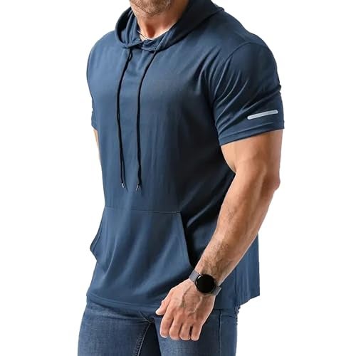 frueo Men's 3 Pack Workout Shirts Quick Dry Moisture Wicking Short Sleeve Mesh Athletic T-Shirts with Hoods,Black Gray Navy,M - Image 2