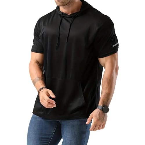 frueo Men's 3 Pack Workout Shirts Quick Dry Moisture Wicking Short Sleeve Mesh Athletic T-Shirts with Hoods,Black Gray Navy,M - Image 5