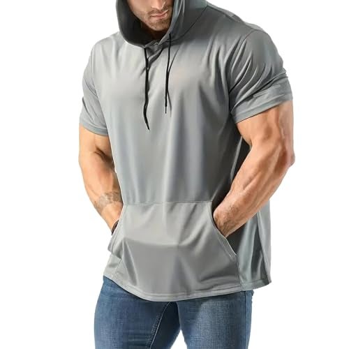 frueo Men's 3 Pack Workout Shirts Quick Dry Moisture Wicking Short Sleeve Mesh Athletic T-Shirts with Hoods,Black Gray Navy,M - Image 4