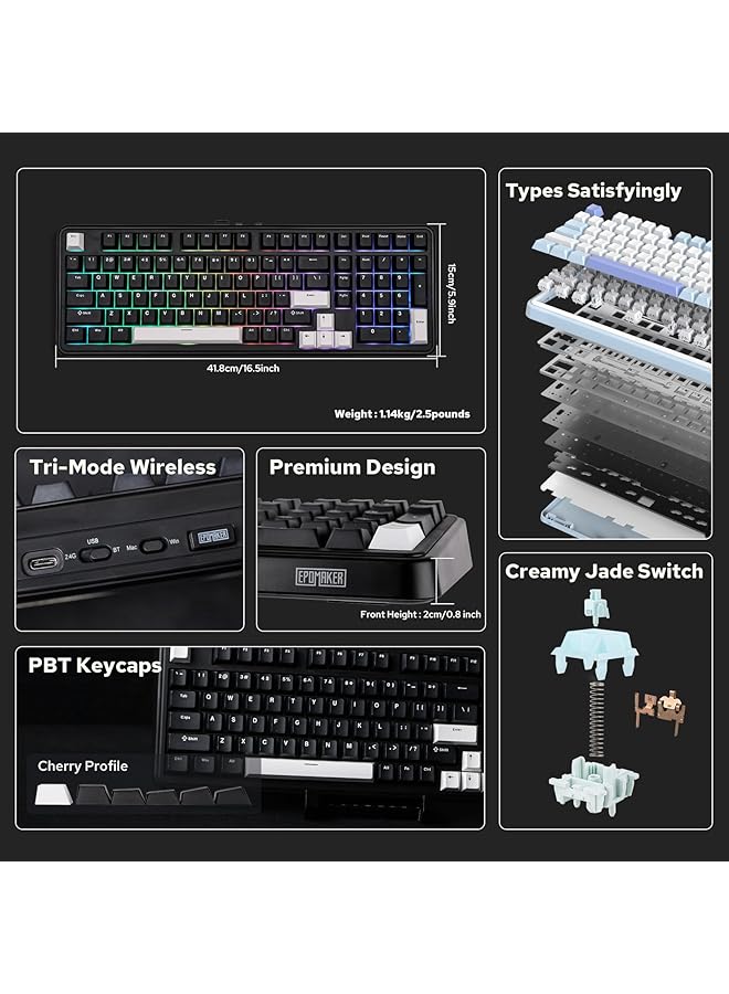 ابوماكر لوحة مفاتيح ميكانيكية لاسلكية ثلاثية الوضع TH99، RGB مخصصة مع حشية لوحة أرقام، لون كريمي، لأجهزة الكمبيوتر الشخصية/الماك/المكتب/الألعاب (أسود) - Image 2