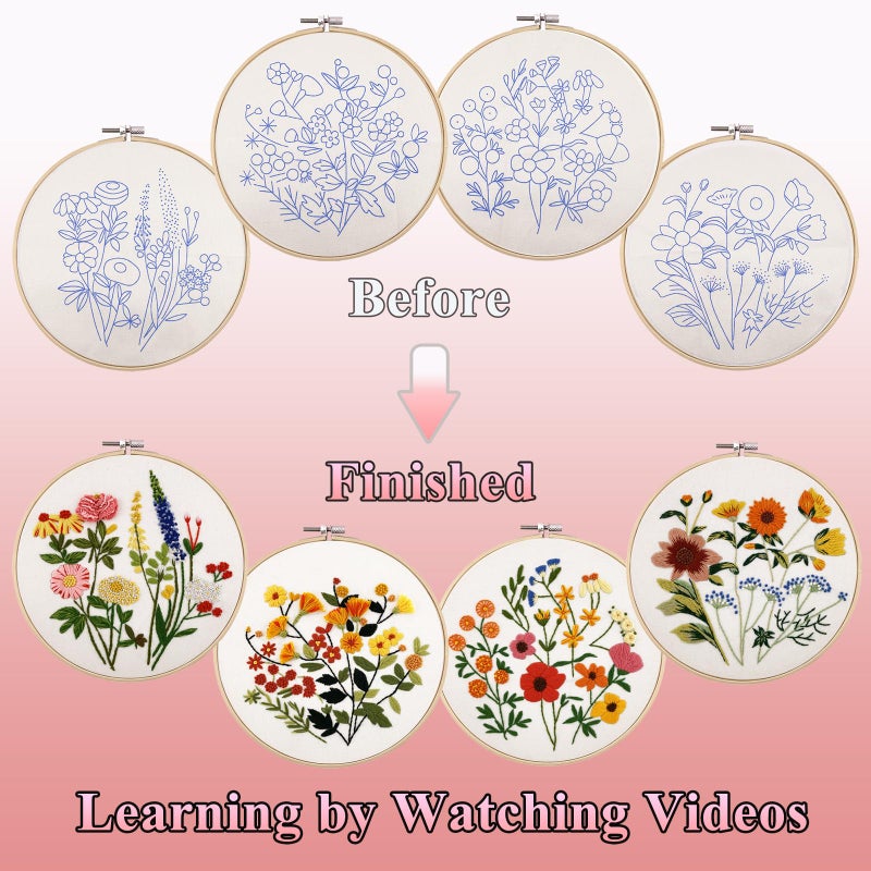 VIVIDOX 4 Sets Embroidery Kit for Beginners with Stitch Video, Flower Cross Stitch Kits for Adults, Starter, Hand Craft Lover Practice with Floral Stamped Pattern, 2 Hoops, 16 Needles, Scissors, Tools - Image 4