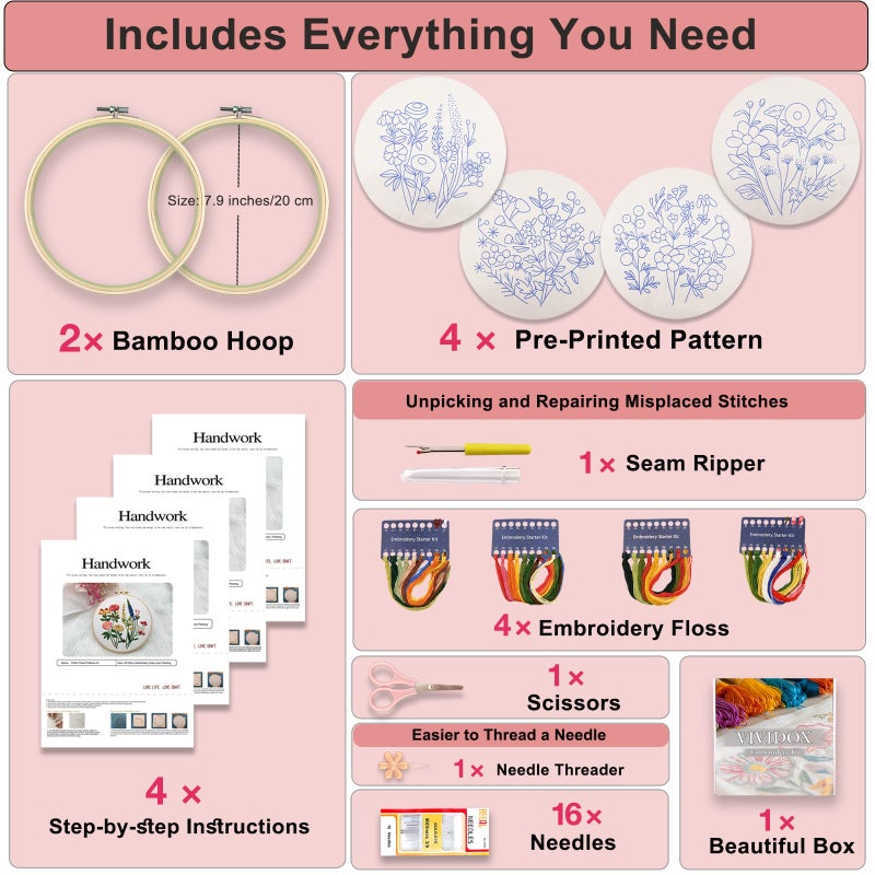 VIVIDOX 4 Sets Embroidery Kit for Beginners with Stitch Video, Flower Cross Stitch Kits for Adults, Starter, Hand Craft Lover Practice with Floral Stamped Pattern, 2 Hoops, 16 Needles, Scissors, Tools - Image 2