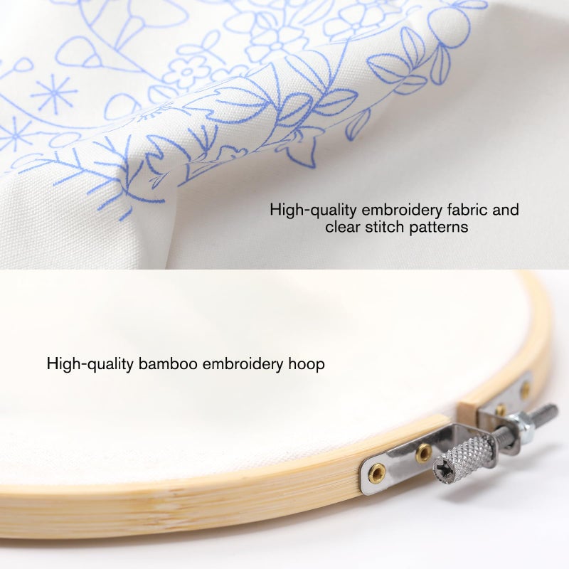VIVIDOX 4 Sets Embroidery Kit for Beginners with Stitch Video, Flower Cross Stitch Kits for Adults, Starter, Hand Craft Lover Practice with Floral Stamped Pattern, 2 Hoops, 16 Needles, Scissors, Tools - Image 3