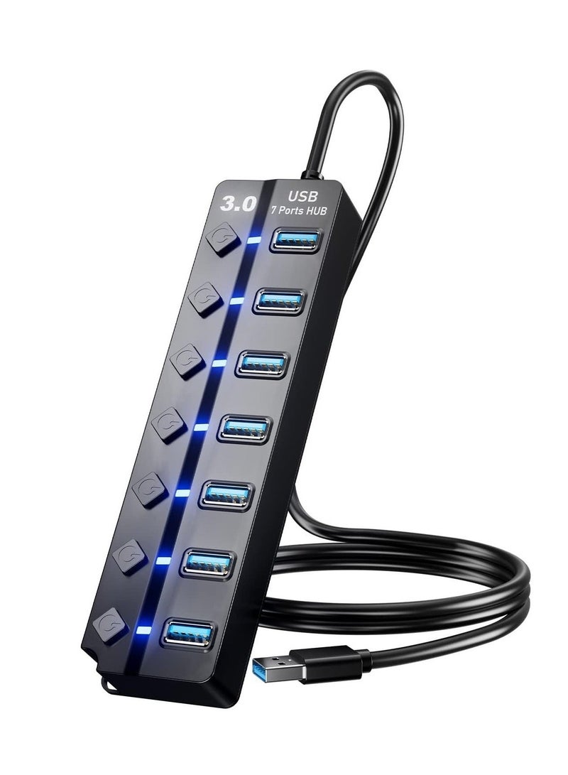 USB 3.0 Hub, PANPEO 7-Port USB Data Hub Splitter with 3ft Long Cable USB Extension for Laptop,PC Computer,Surface Pro, PS4/5, Flash Drive, Mobile HDD - with LED Individual On/Off - Image 1