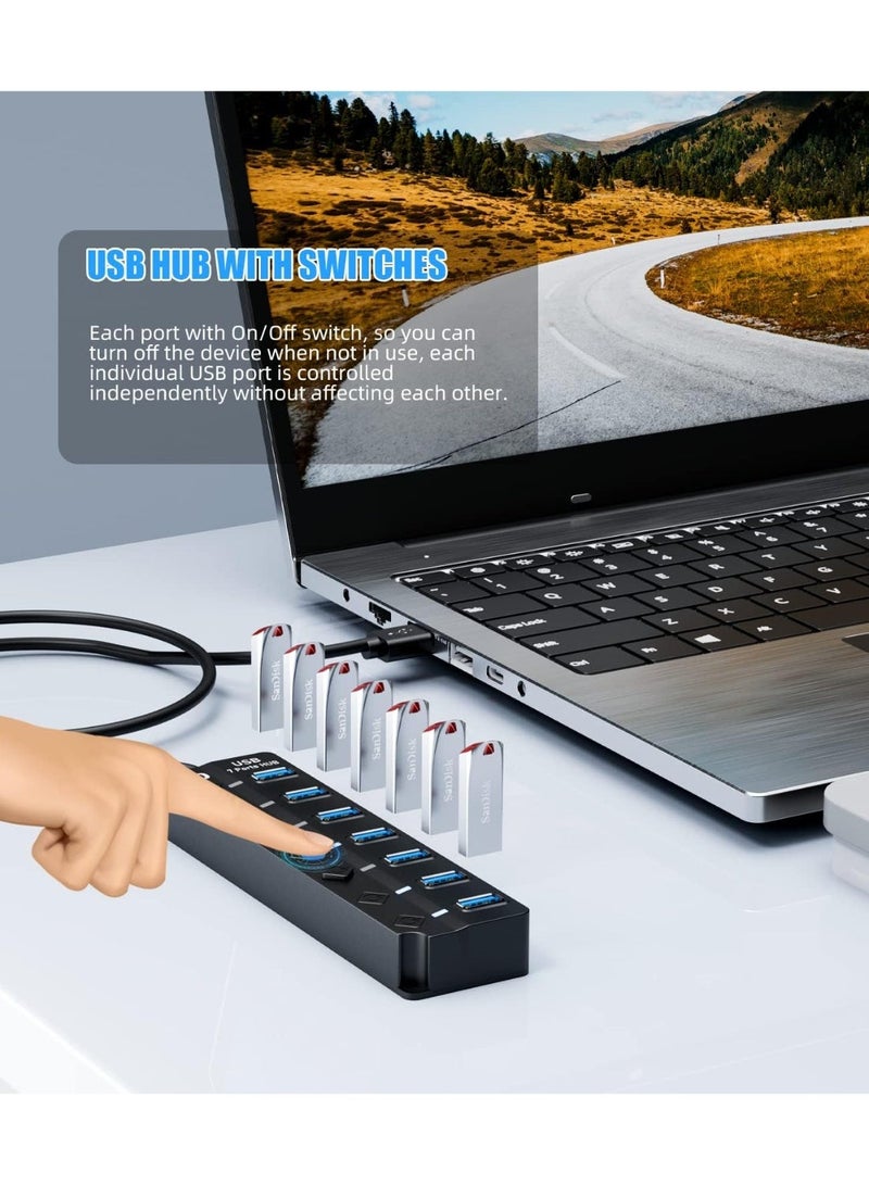 USB 3.0 Hub, PANPEO 7-Port USB Data Hub Splitter with 3ft Long Cable USB Extension for Laptop,PC Computer,Surface Pro, PS4/5, Flash Drive, Mobile HDD - with LED Individual On/Off - Image 3