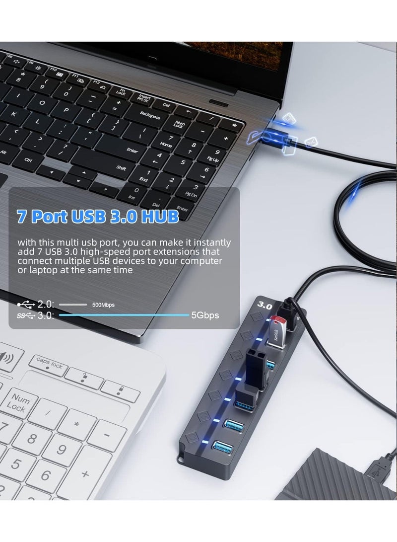 USB 3.0 Hub, PANPEO 7-Port USB Data Hub Splitter with 3ft Long Cable USB Extension for Laptop,PC Computer,Surface Pro, PS4/5, Flash Drive, Mobile HDD - with LED Individual On/Off - Image 2