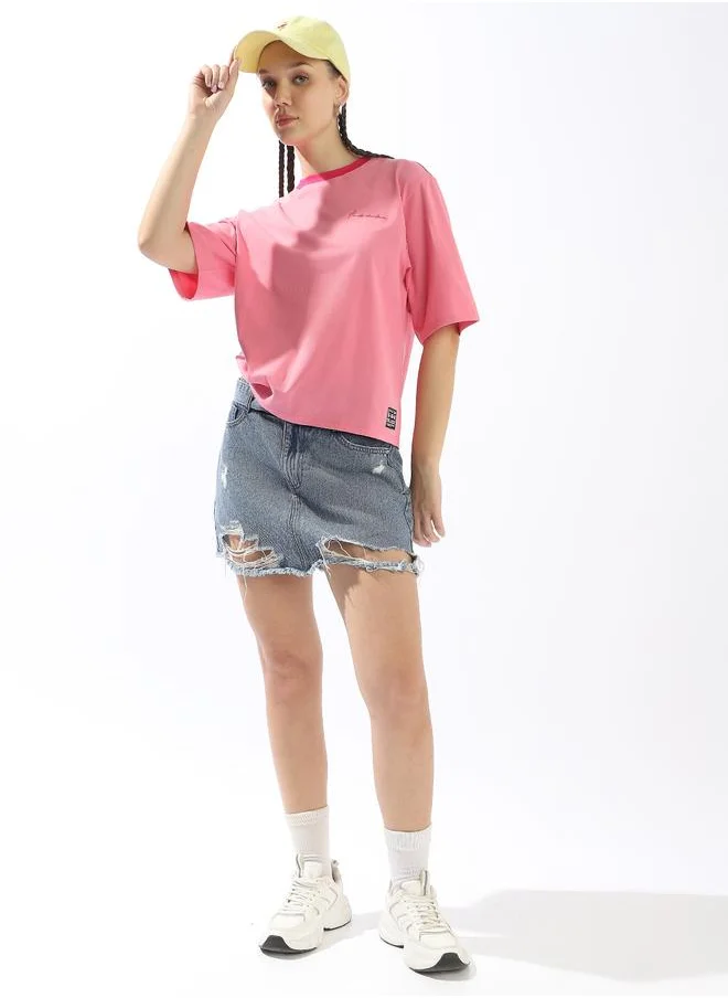 Hubberholme Women's Pink 100% Cotton Solid Oversized T-Shirt
