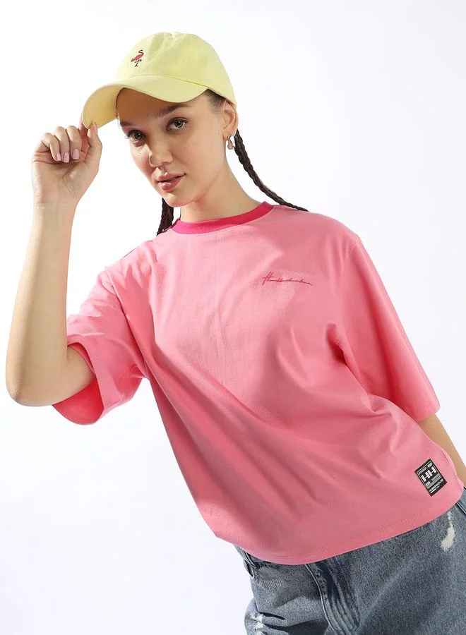Hubberholme Women's Pink 100% Cotton Solid Oversized T-Shirt
