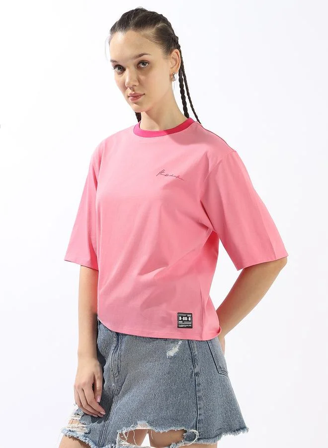 Hubberholme Women's Pink 100% Cotton Solid Oversized T-Shirt