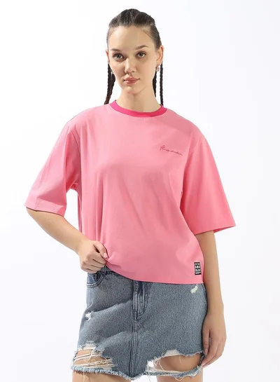 Hubberholme Women's Pink 100% Cotton Solid Oversized T-Shirt