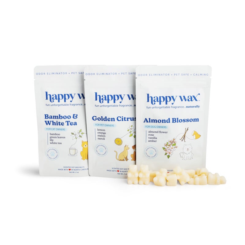 Happy Wax Pet Scents Mix Premium Scented, Non Toxic, Pet Safe, Odor Eliminating, Dye-Free Soy Wax Melts â€“ 6 Total Oz: Almond Blossom for Dogs, Bamboo & White Tea for Cats and Golden Citrus for Pets - Image 1