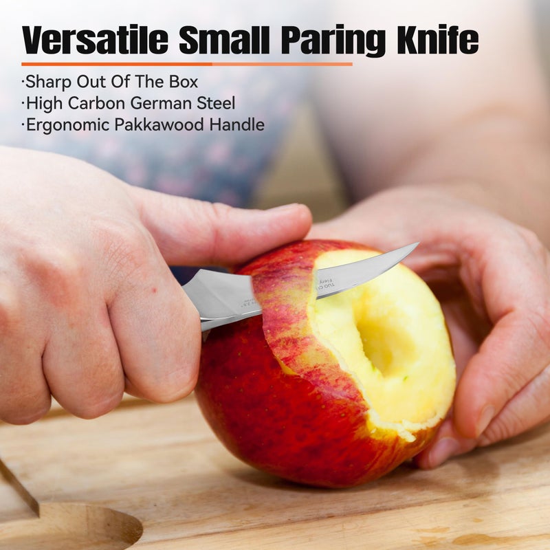 TUO سكين تقشير على شكل منقار الطائر TUO، 2.5 بوصة، سكين تقشير مريحة، شفرة صغيرة منحنية للفواكه والخضروات، فولاذ مقاوم للصدأ ألماني، مقبض باكاوود مريح - سلسلة نارية - Image 2