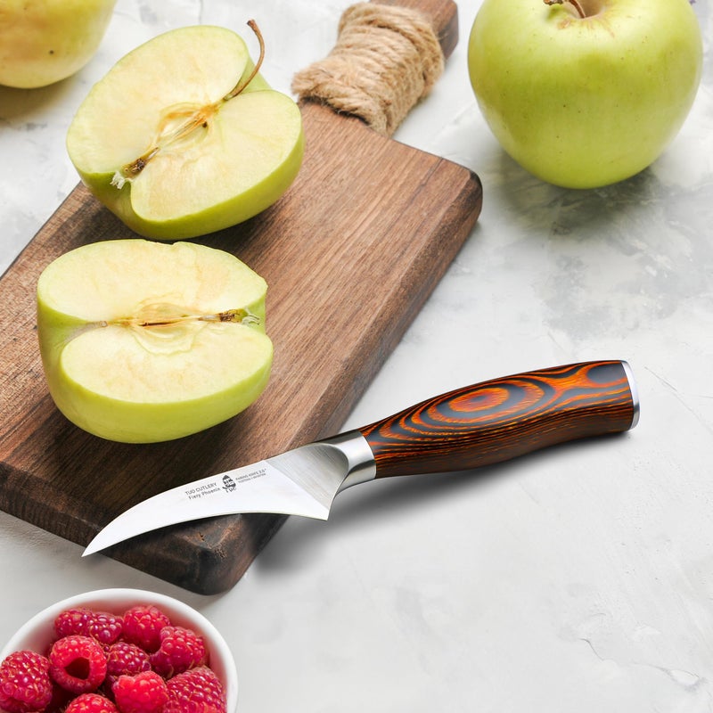 TUO سكين تقشير على شكل منقار الطائر TUO، 2.5 بوصة، سكين تقشير مريحة، شفرة صغيرة منحنية للفواكه والخضروات، فولاذ مقاوم للصدأ ألماني، مقبض باكاوود مريح - سلسلة نارية - Image 4