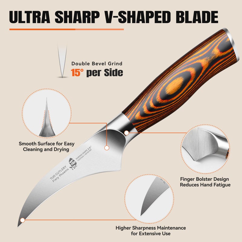 TUO سكين تقشير على شكل منقار الطائر TUO، 2.5 بوصة، سكين تقشير مريحة، شفرة صغيرة منحنية للفواكه والخضروات، فولاذ مقاوم للصدأ ألماني، مقبض باكاوود مريح - سلسلة نارية - Image 5