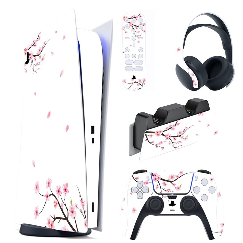 PlayVital Falling Cherry Blossom Full Set Skin Decal for ps5 Console Digital Edition, Sticker Vinyl Decal Cover for ps5 Controller & Charging Station & Headset & Media Remote - Image 1