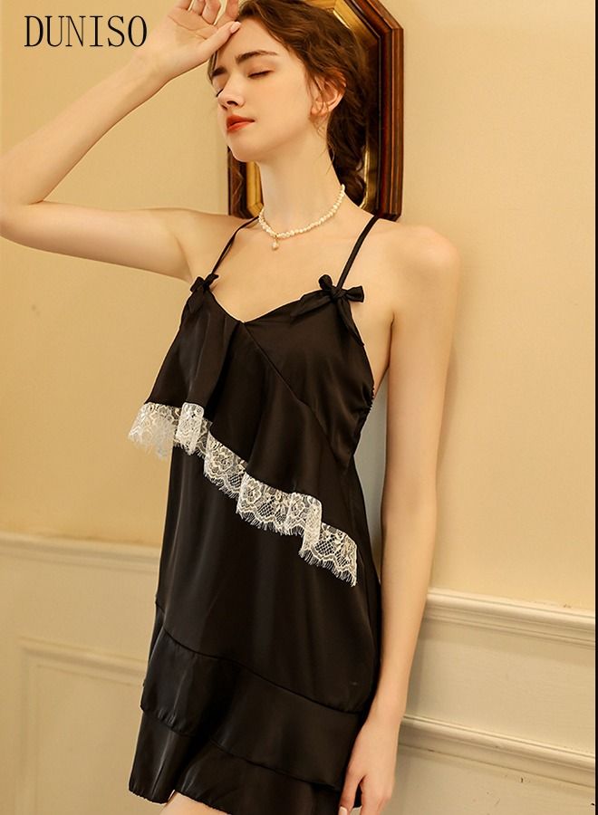 DUNISO Women's Sleeveless Lace Trim Nightgown Camisole Sleep Dress Built in Bra Removable Pads Nightwear Softable Silk V-Neck Pajama Dress For Ladies - Image 5