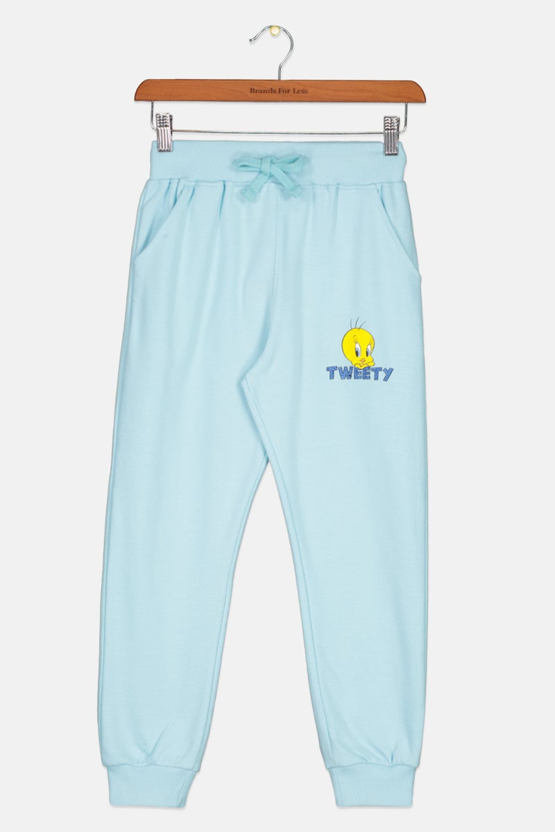 Looney Tunes Kids Girl Drawstring Graphic Print Jogger Pants, Sky Blue - Image 1