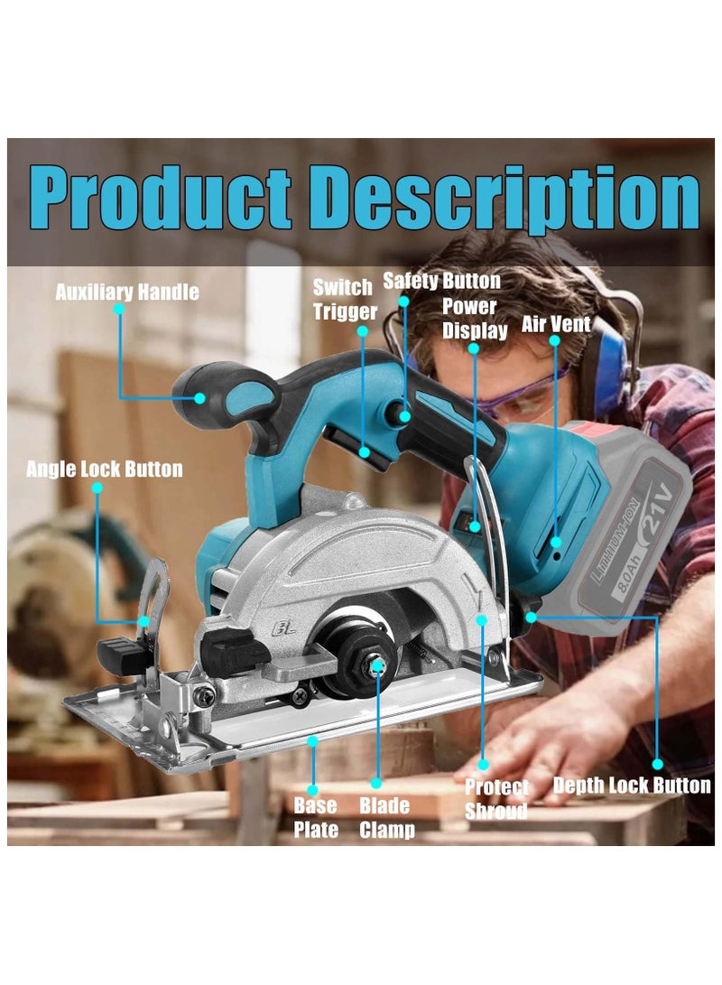 ZLH HITY Cordless Circular Saw, Hand-Held Circular Saw with 3 Saw Blades, Brushless, 0-45° Bevel, 40mm Depth, Professional Battery Circular Saw for Wood Plastic Tile Cut(2 Batteries)  - Image 3