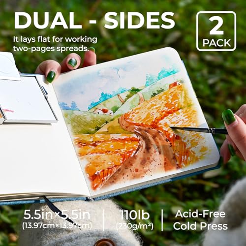 Funto Watercolor Journal Square 55x55 Portable 2Pack 48 Pages Each Blue Cover 110lb230gsm Art Supplies for Mixed Media - Image 3