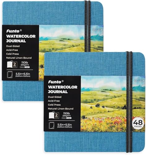 Funto Watercolor Journal Square 55x55 Portable 2Pack 48 Pages Each Blue Cover 110lb230gsm Art Supplies for Mixed Media - Image 1