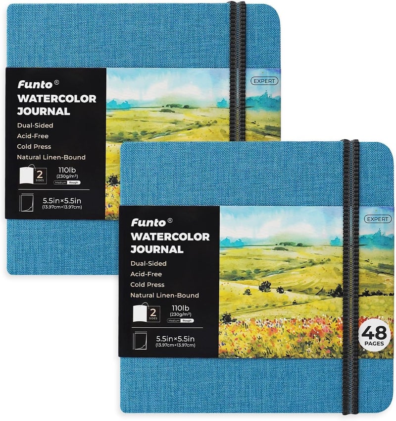 Funto Watercolor Journal Square 55x55 Portable 2Pack 48 Pages Each Blue Cover 110lb230gsm Art Supplies for Mixed Media - Image 2
