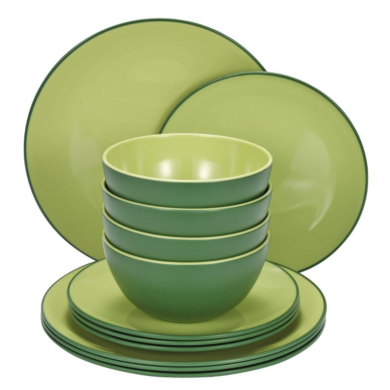 TP 12Piece Dinnerware Set Melamine Dishes Set with Bowls and Plates Nonbreakable Lightweight Dinner Service for 4 Avocado Green