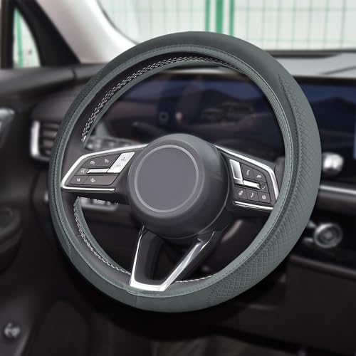 Tecledsn Car Steering Wheel Cover Universal 14515 Inch Grey Leather Steering Wheel Wrap with Better Sport Grip for Men Women AntiSlip Breathable Car Interior Accessories for Most Vehicles Grey2 - Image 1