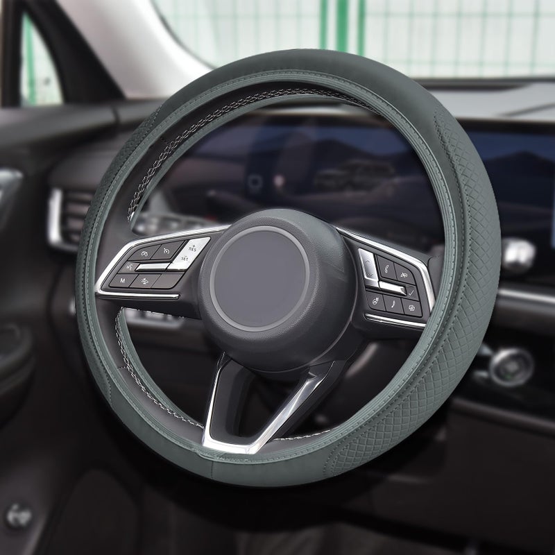 Tecledsn Car Steering Wheel Cover Universal 14515 Inch Grey Leather Steering Wheel Wrap with Better Sport Grip for Men Women AntiSlip Breathable Car Interior Accessories for Most Vehicles Grey2 - Image 3