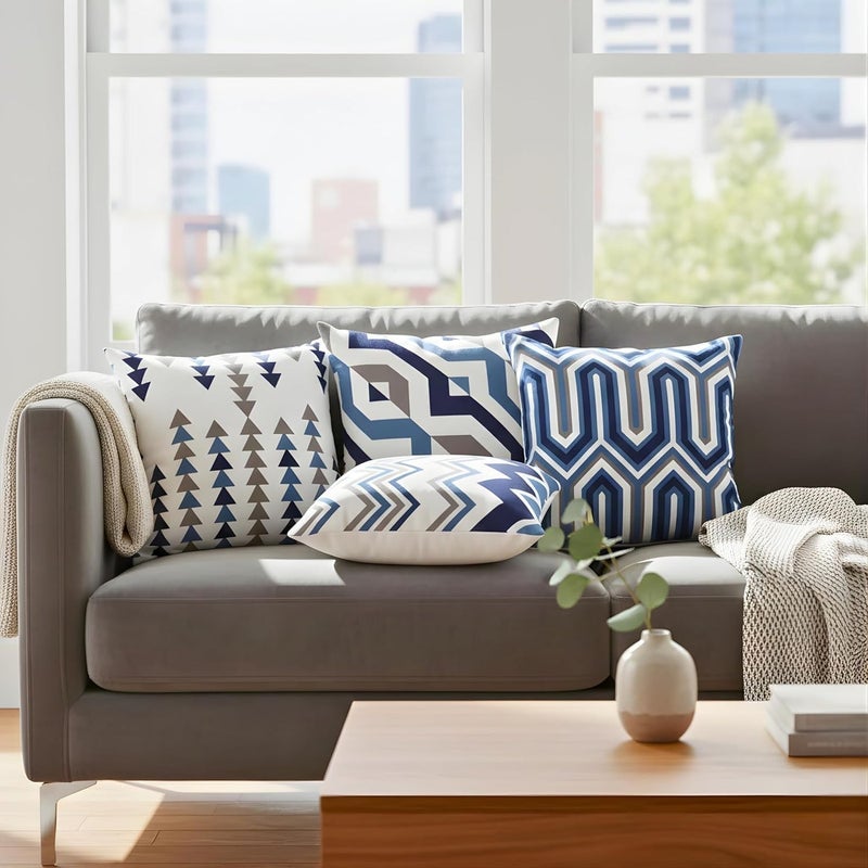 Eminence Home Retro Room Cushion Cover Set - 45 x 45 cm, Cotton, Blue, Pack of 4 - Image 5