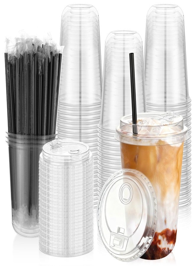 tchrules 100 Set 16oz Clear Plastic Cups with Elevated Dual-hole Lids & Straws, Disposable Round Bottom Iced Coffee Cups Bulk, Plastic To Go Cup for Cold Drinks Slushie Smoothie Party Picnic Supplies - Image 1