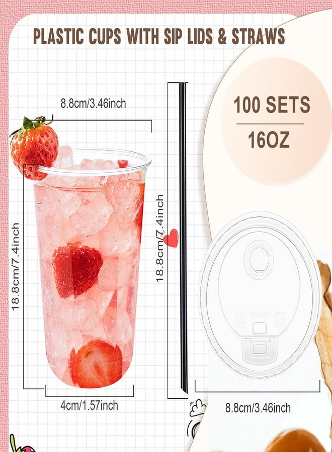 tchrules 100 Set 16oz Clear Plastic Cups with Elevated Dual-hole Lids & Straws, Disposable Round Bottom Iced Coffee Cups Bulk, Plastic To Go Cup for Cold Drinks Slushie Smoothie Party Picnic Supplies - Image 2