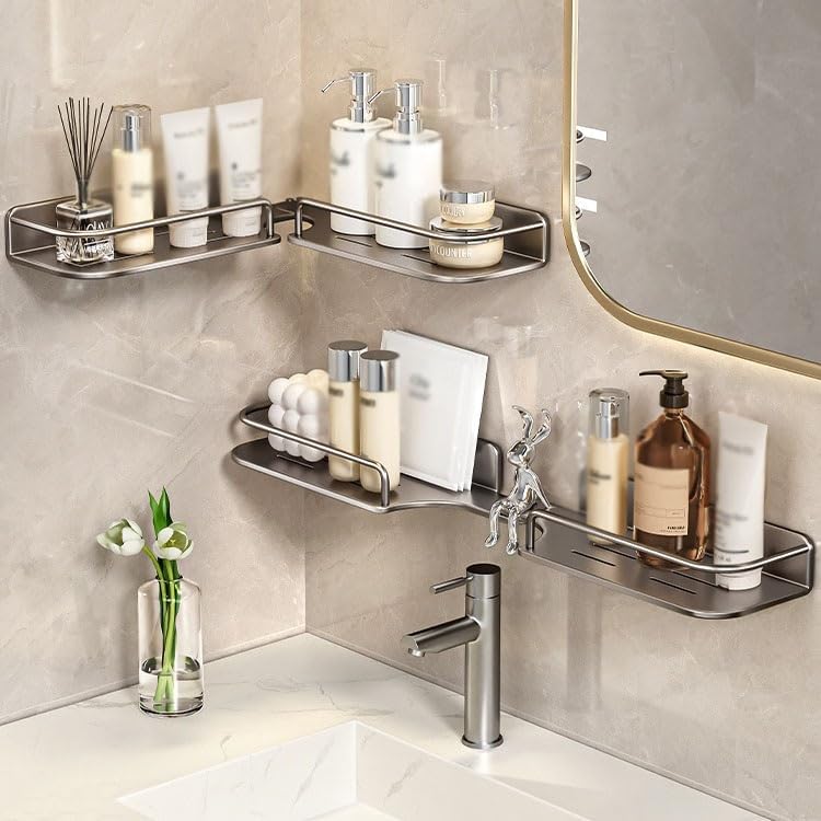 Bathroom Shelves Wall Mounted Bathroom Storage Shelf, 270° Adjustable Corner Shower Caddy, No Drilling Modern Carbon Steel Shower Shelves for Home Bathroom Kitchen Shower Caddy(Milk White) - Image 5