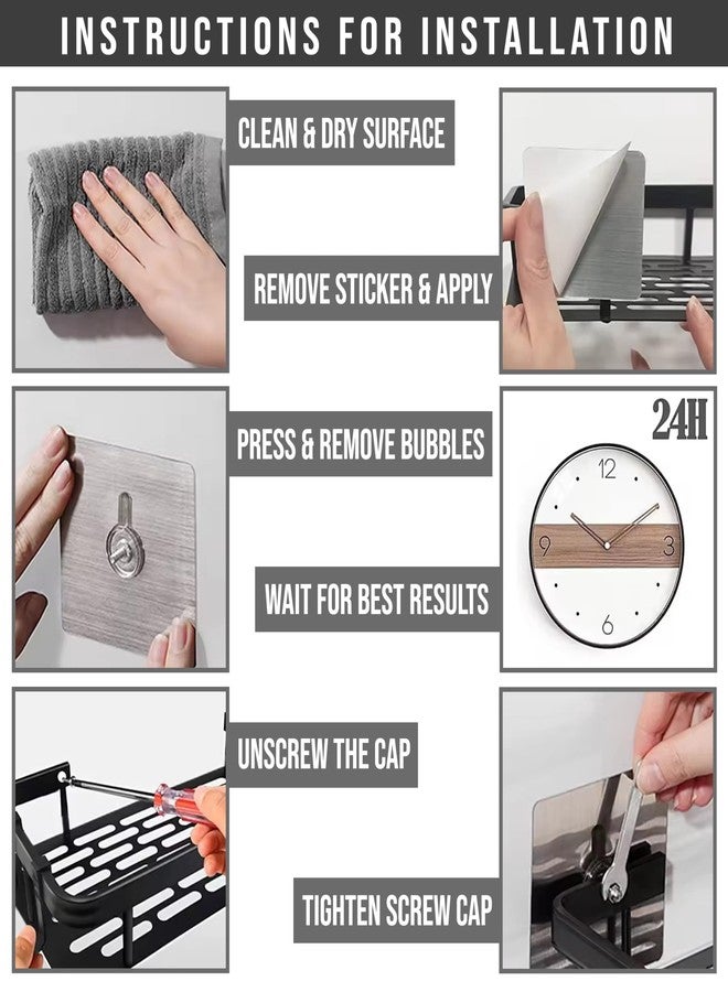 Shynora 2-Pack Shelf Adhesive Multipurpose Bathroom Storage Organizer Rack Shelf Wall Mounted (No Drilling) Bathroom Accessories Coated Finish - Black - Image 5