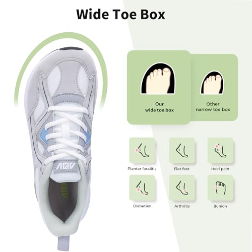 IIV Wide Toe Box Shoes for Women | Arch Support Walking Tennis Sneakers | Orthotic Leather Shoes for Bunions, Plantar Fasciitis, Flat Feet GreyWhite US 8.5 - Image 2