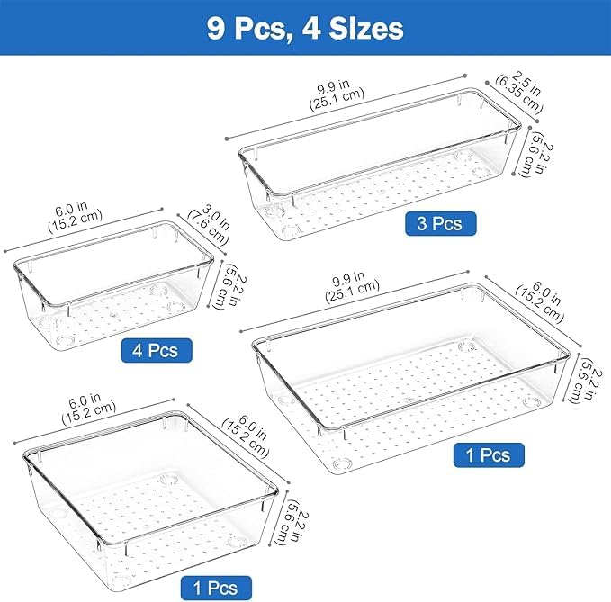 Kaito Desk Drawer Organizer Set, 9-Piece Storage Bins, 4 Sizes, for Bathroom Vanity, Kitchen, Office Drawer Tray Storage Bins For Makeup Cosmetics - Image 5