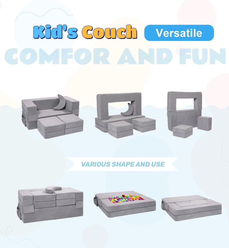 Elftopia Modular Kids Sofa,Toddler Couch Foam Armchair for Kids, Children Convertible Plush Sofa Play Set,Fold Out SofaBed(Grey) - Image 3