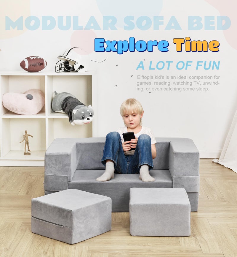 Elftopia Modular Kids Sofa,Toddler Couch Foam Armchair for Kids, Children Convertible Plush Sofa Play Set,Fold Out SofaBed(Grey) - Image 4